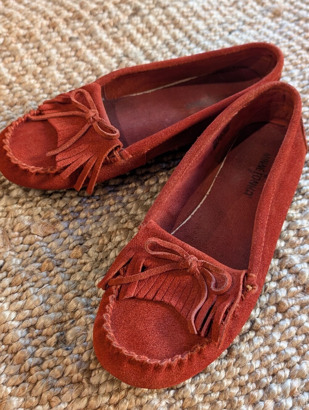 Minnetonka Rust Red Suede Moccasin Loafers w/ Classic Fringe Detail - Boho Chic